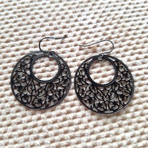 Black Metal Round Filigree Dangle Earrings Retro Boho